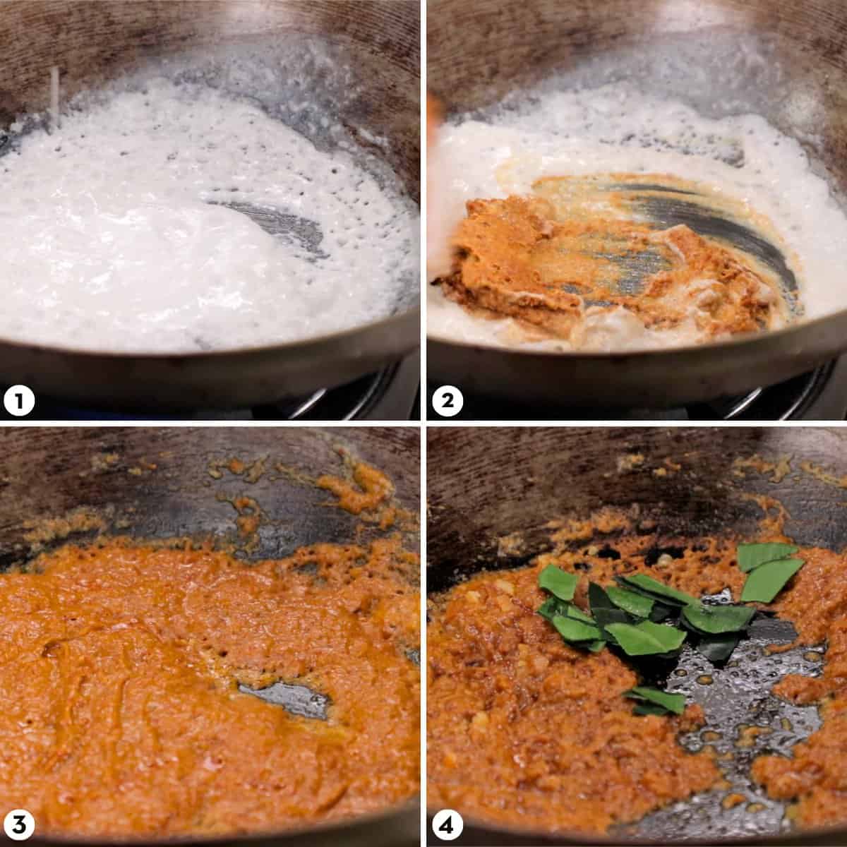 Process shots for making panang curry steps 1-4