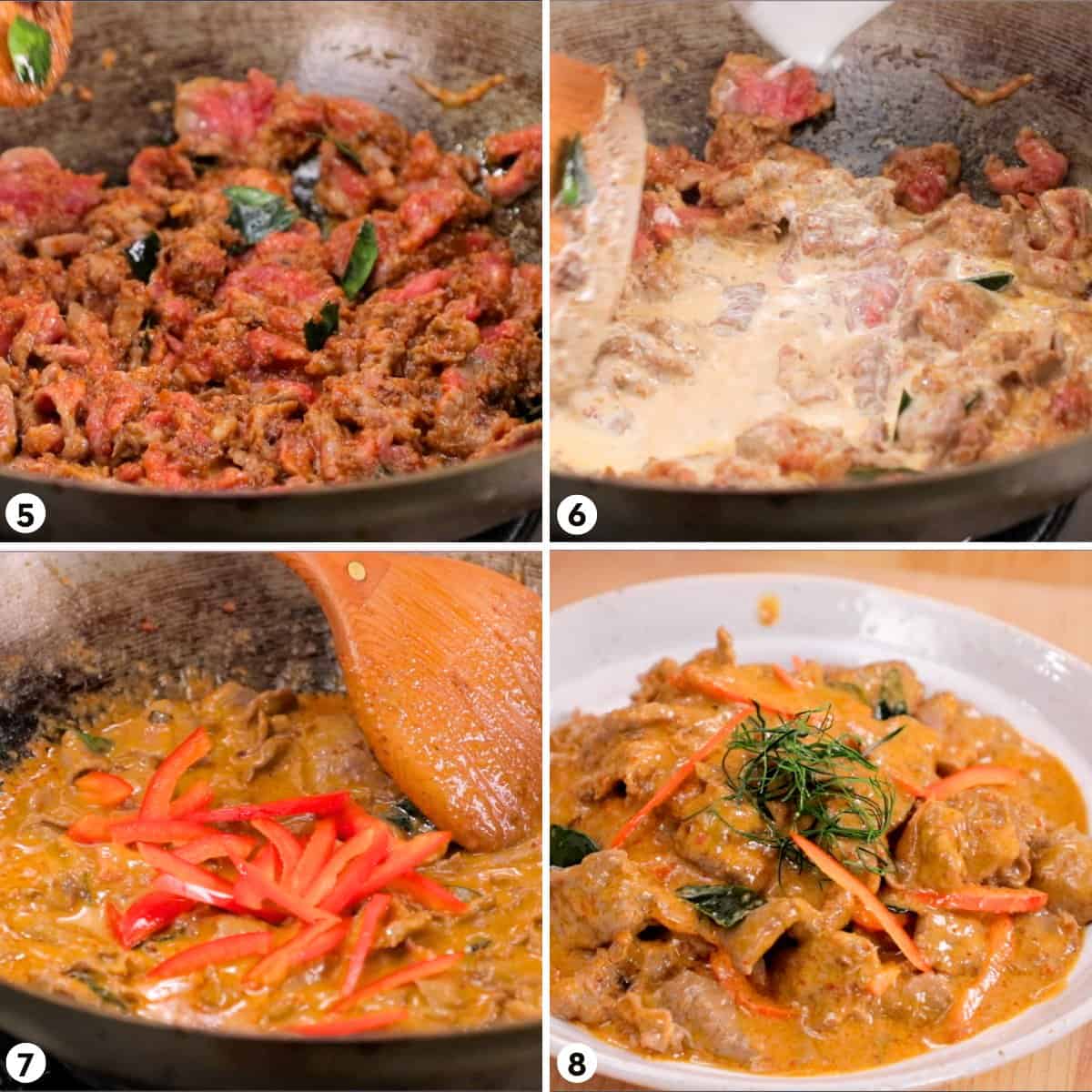 Process shots for making panang curry steps 5-8