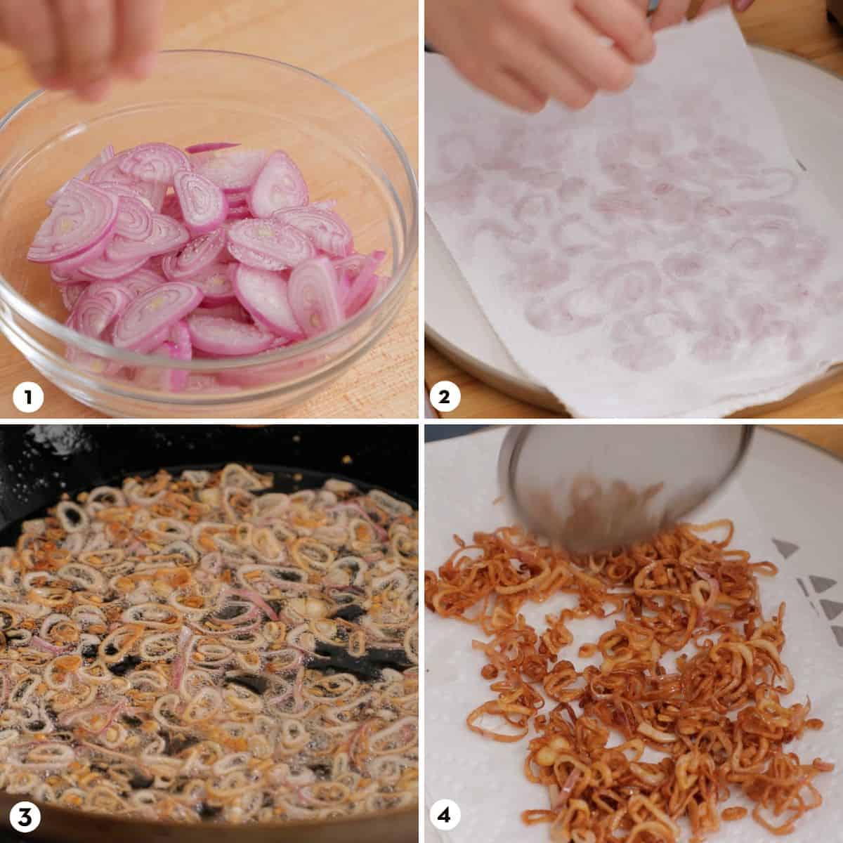 process shots for making thai fried shallots steps 1-4