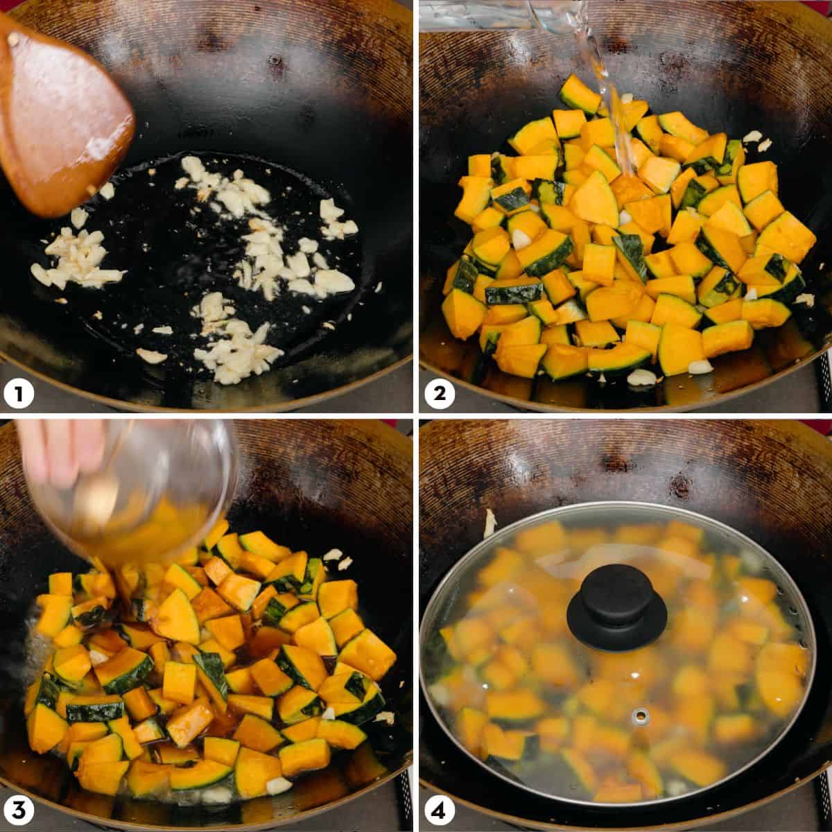 process shots for how to make kabocha stir fry steps 1-4