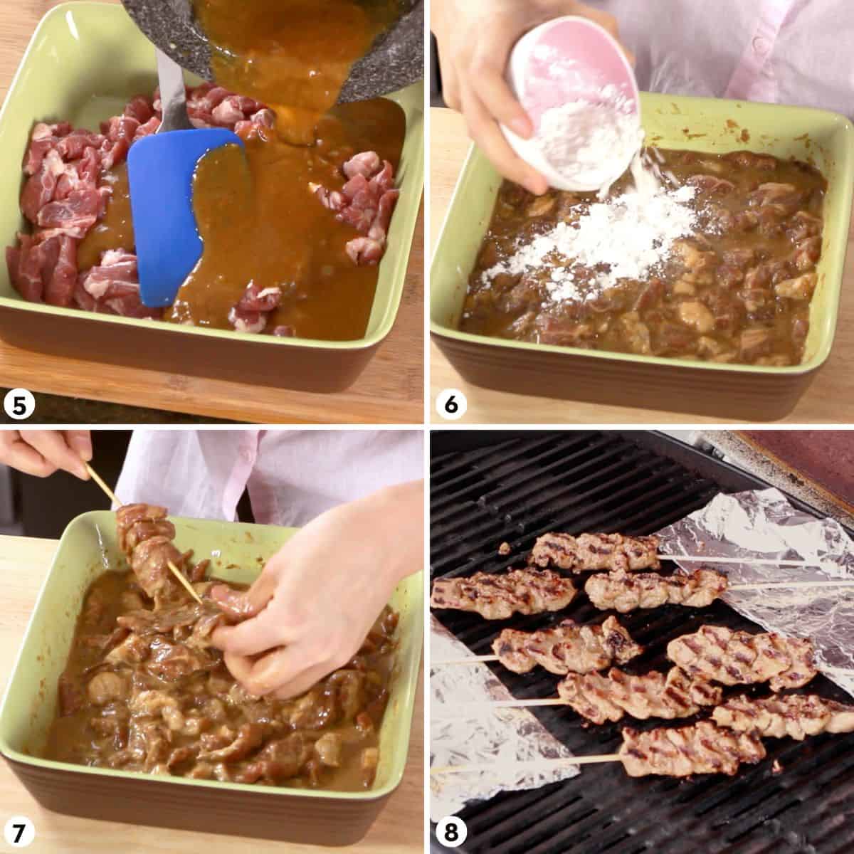 Process shots for making moo ping, steps 5-8