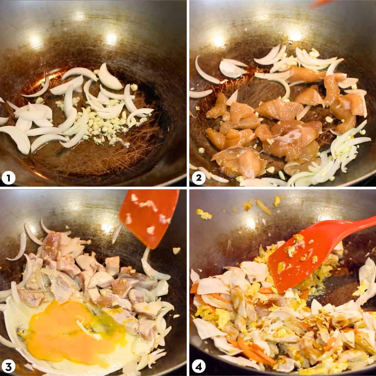 Process shots for making pad woon sen steps 1-4