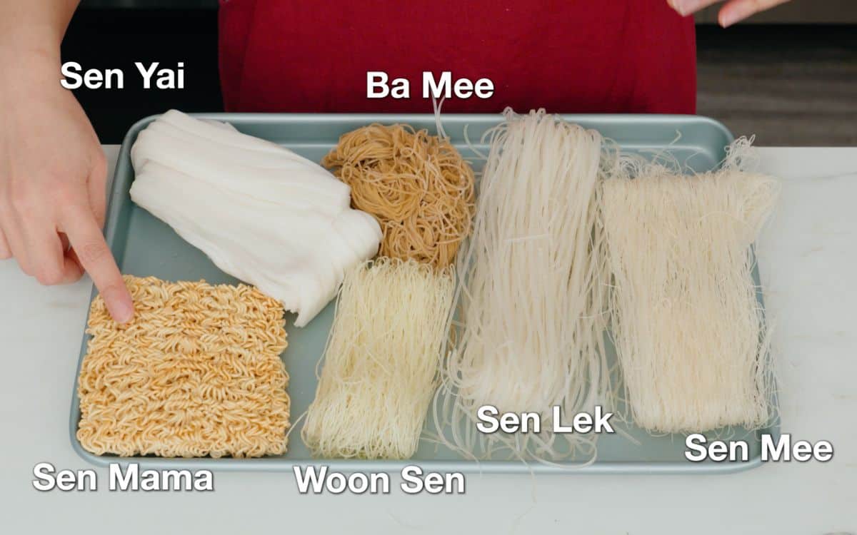 noodle options for boat noodles on a baking tray