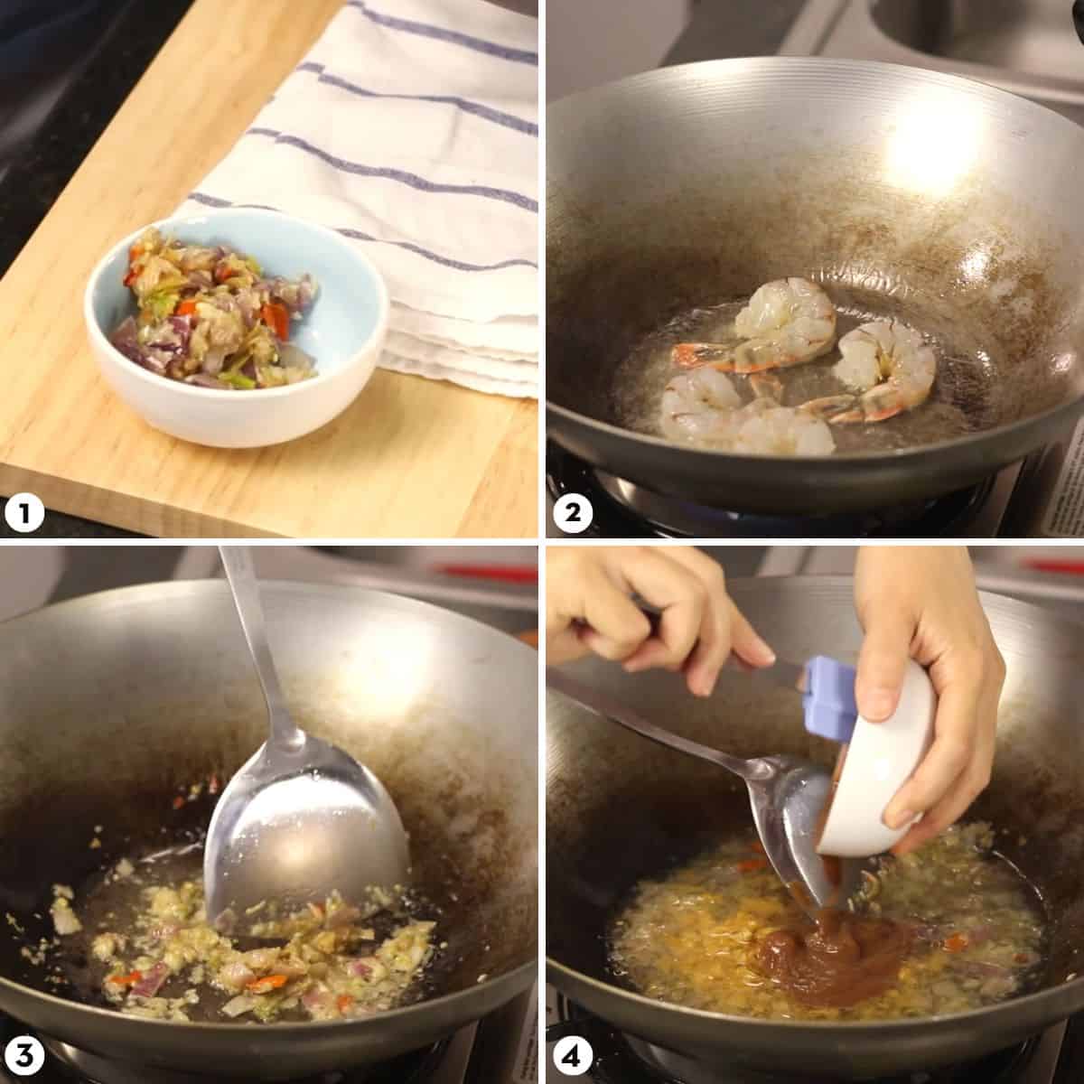 Process shots for making tamarind shrimp steps 1-4