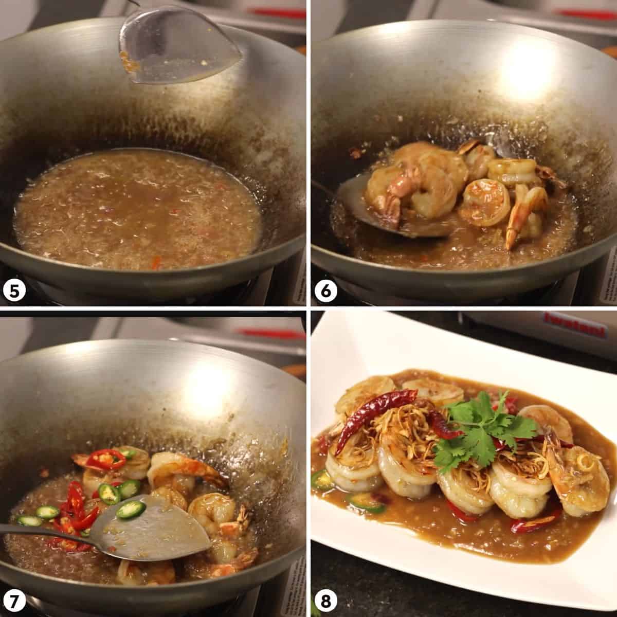 Process shots for making tamarind shrimp steps 5-8