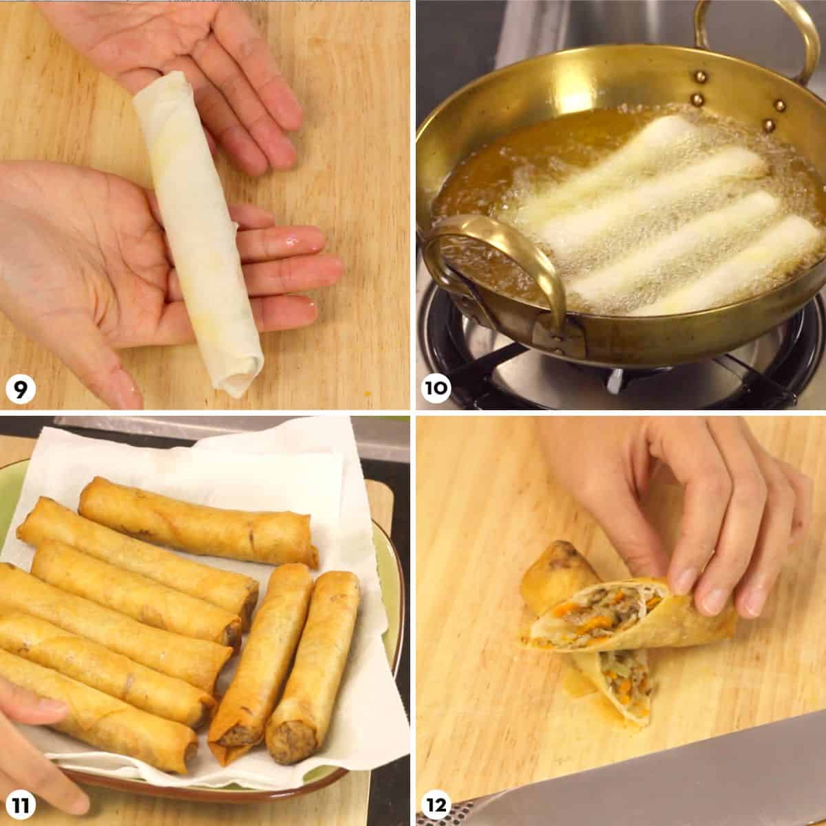 Process shots for how to make crispy spring rolls steps 9-12