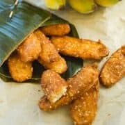 fried bananas in a banana leaf cone.