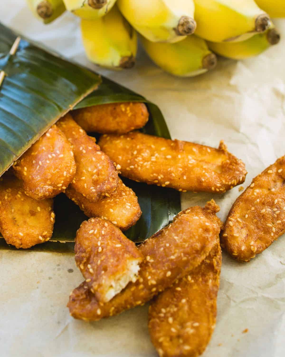 fried bananas in a banana leaf cone container
