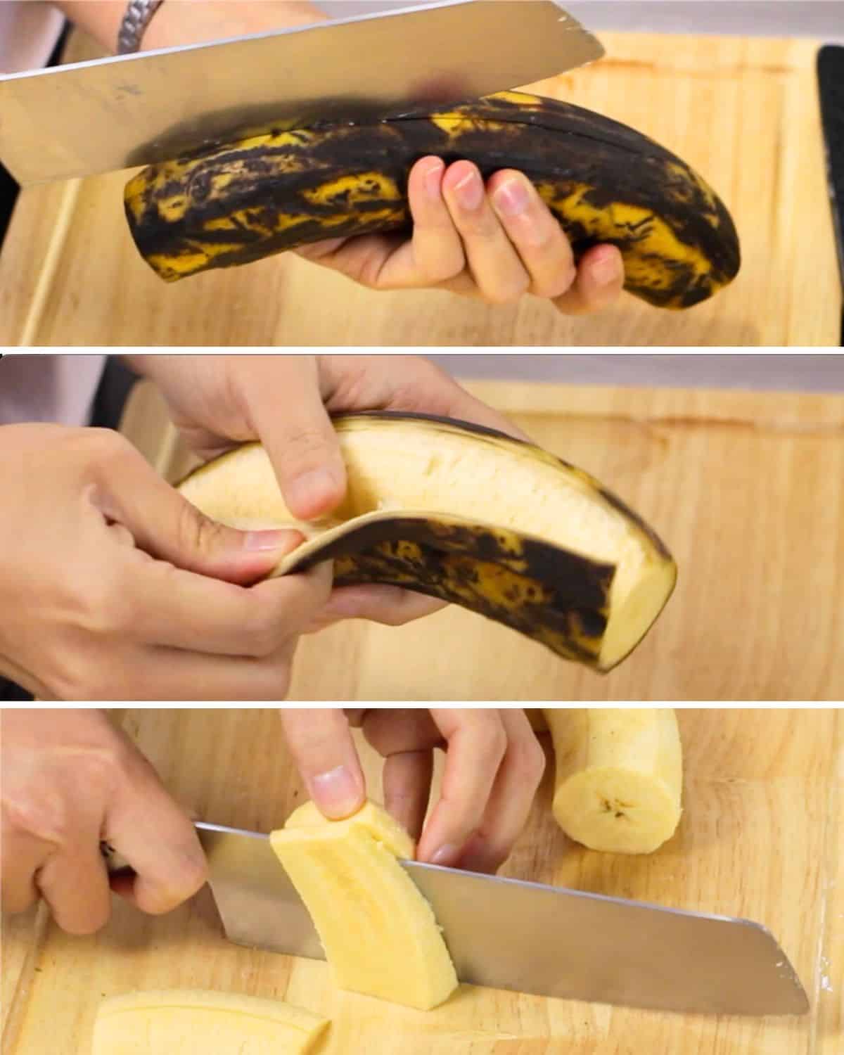 Process shots for how to prep plantains