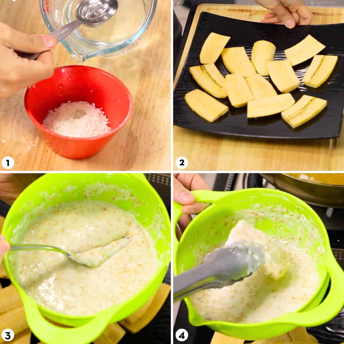 Process shots for how to make fried bananas, step 1-4