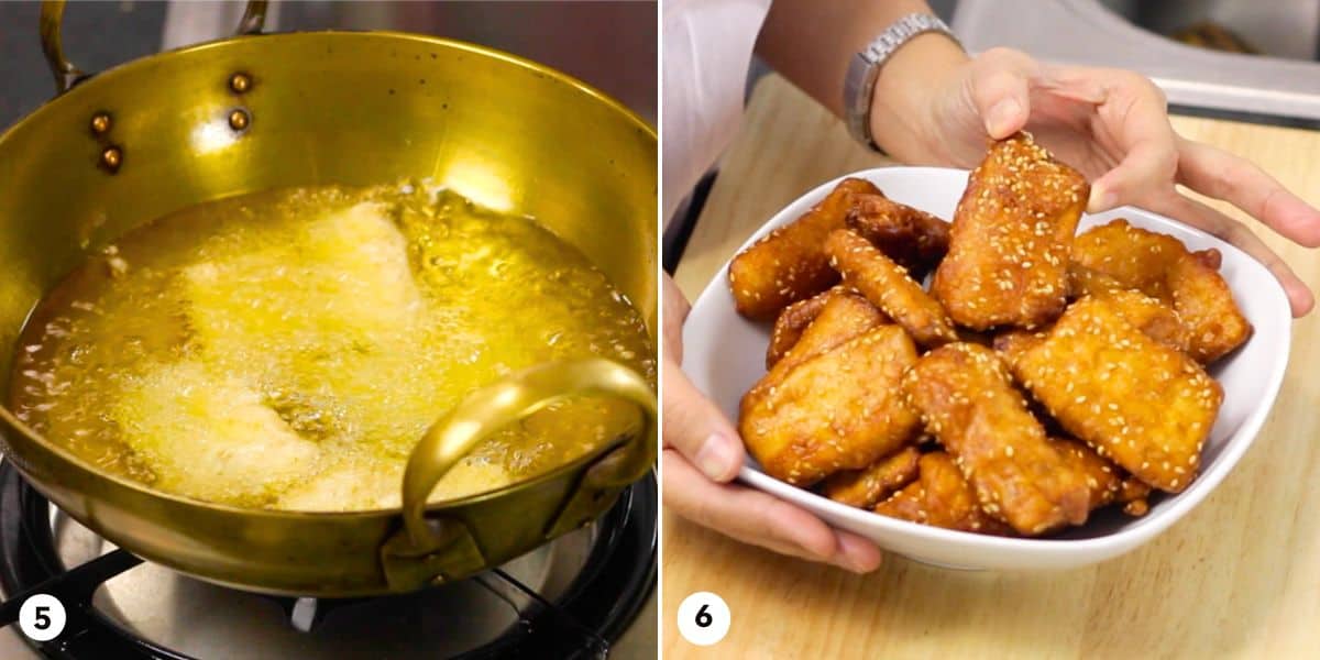 process shots for how to make fried bananas, steps 5-6