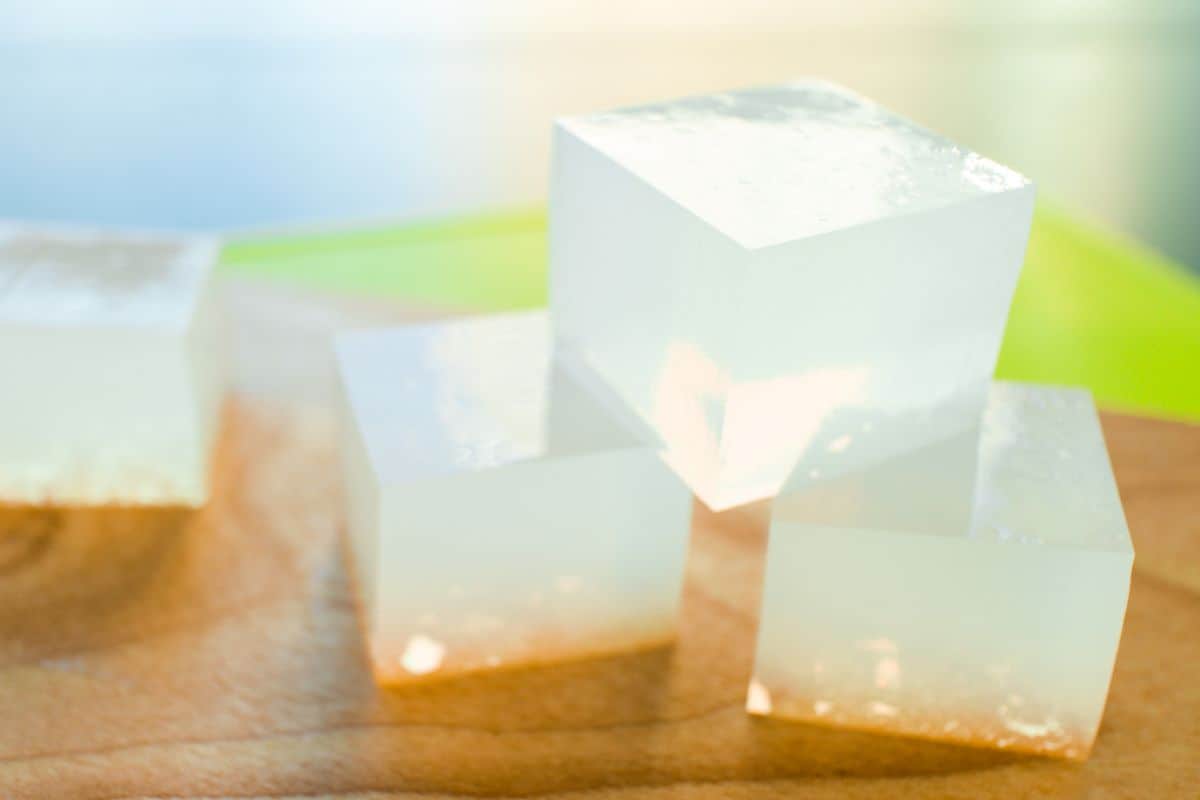 cubes of plain agar agar jelly on a cutting board