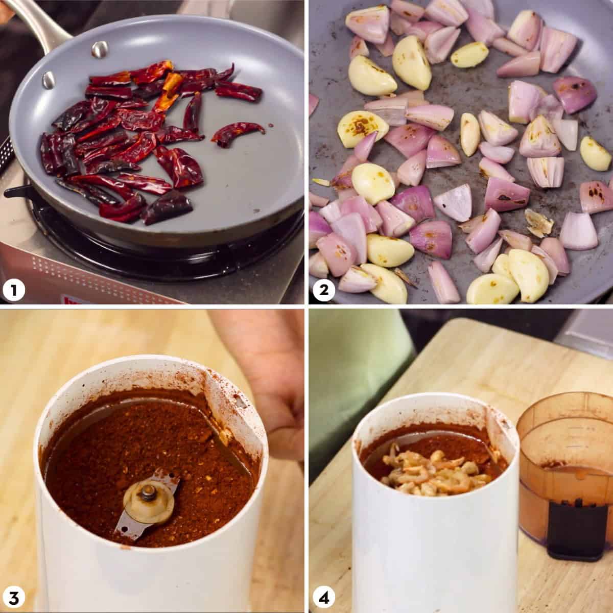 Process shots for making thai chili paste steps 1-4