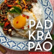 pad kra pao on a plate with a fried egg with text ovelay "pad kra pao thai holy basil stir fry".