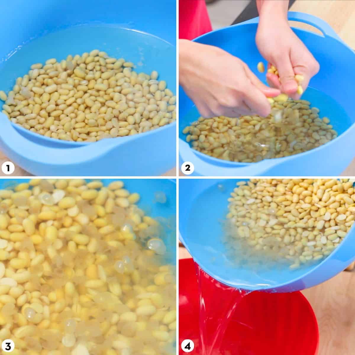 process shots for making soymilk steps 1-4