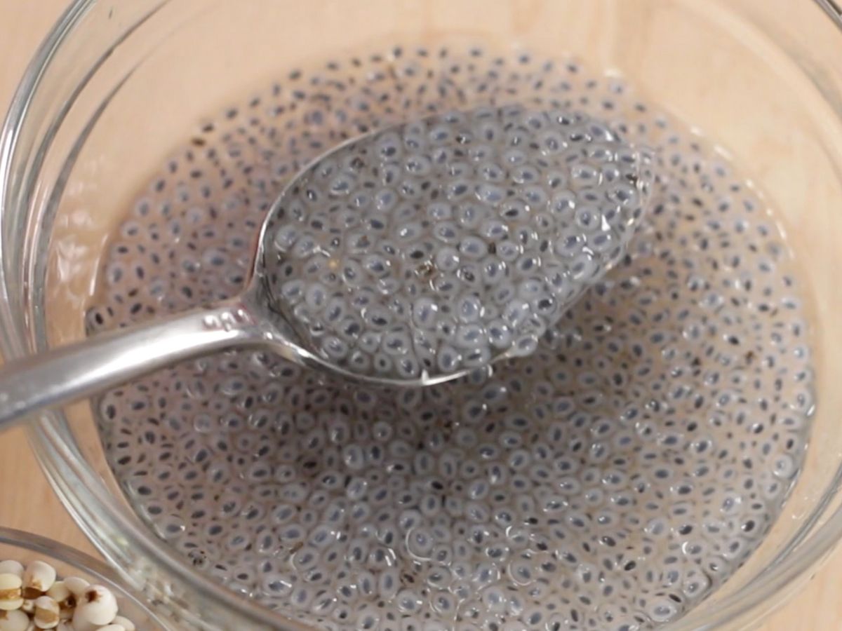 a bowl of hydrated lemon basil seeds