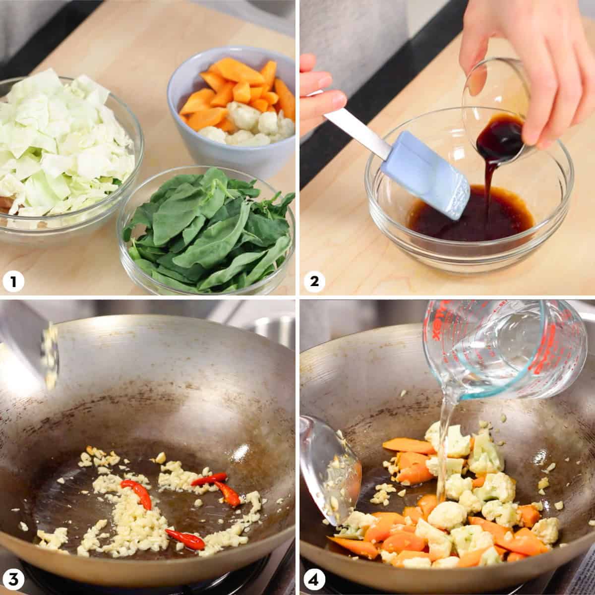 steps for making mixed vegetable stir fry steps 1-4