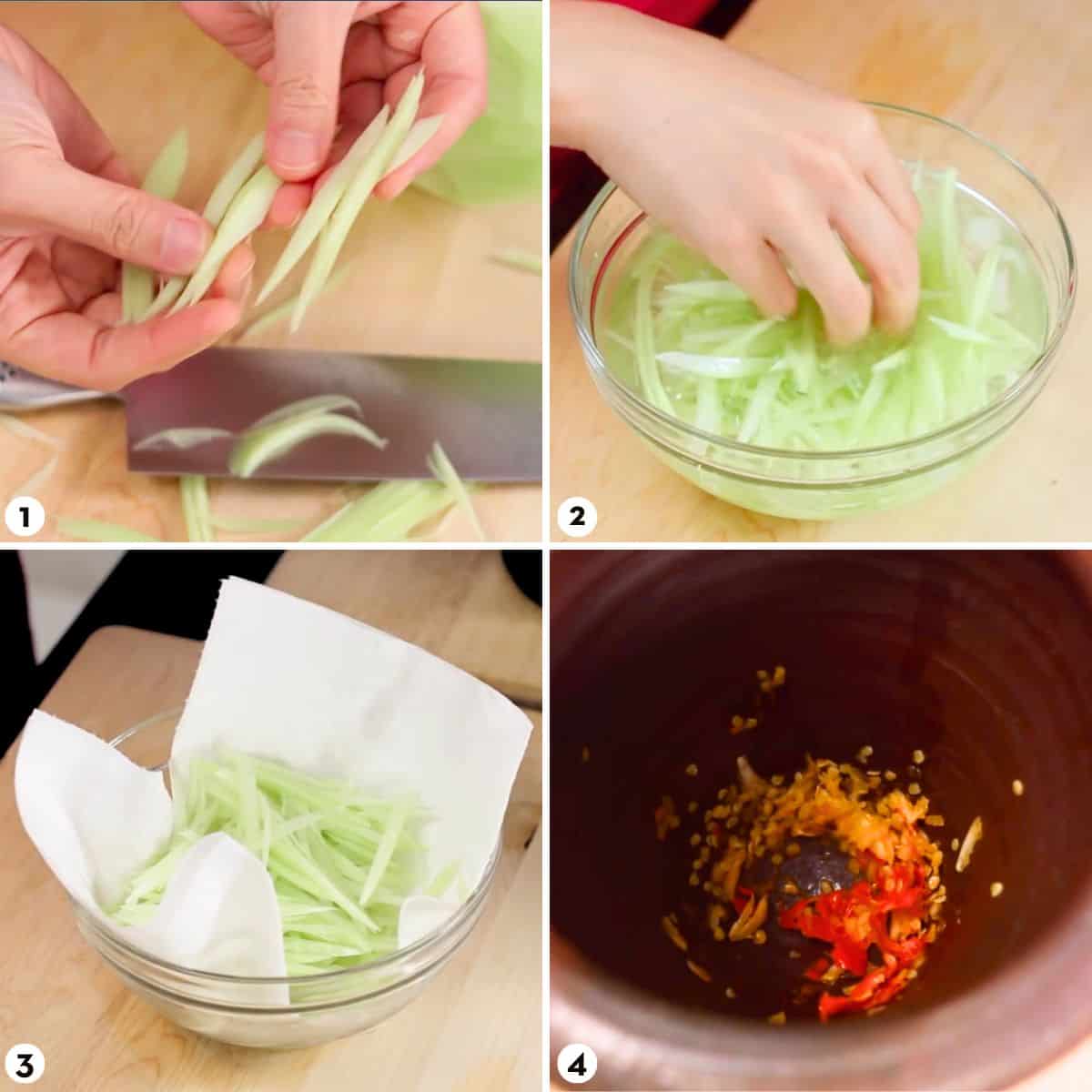 Process shots for making som tum, steps 1-4
