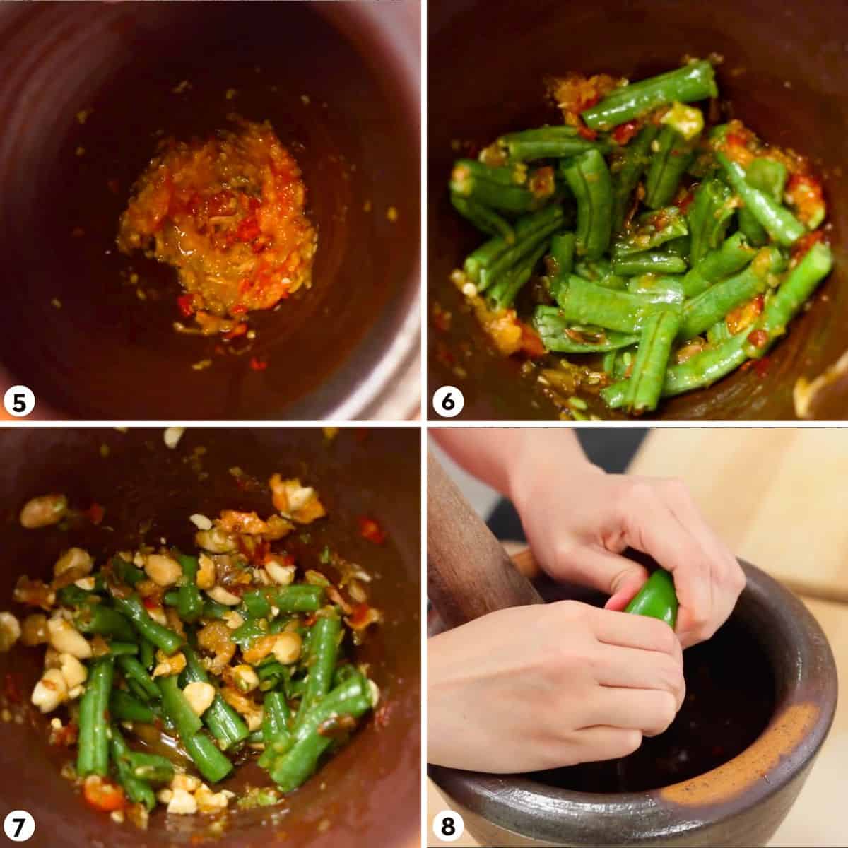Process shots for making som tum, steps 5-8