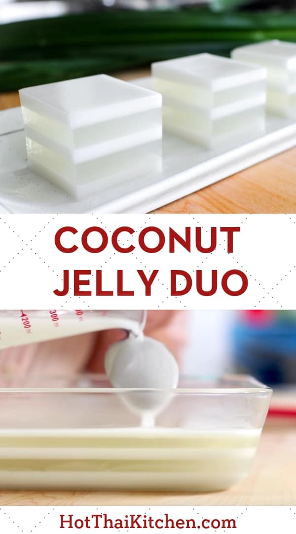 Beautiful summer dessert recipe with layers of coconut water jelly alternating with coconut milk. It’s a classic no-bake Thai dessert that is vegan, gluten free and delicious! #nobake #coconut #summerdessert #vegandessert