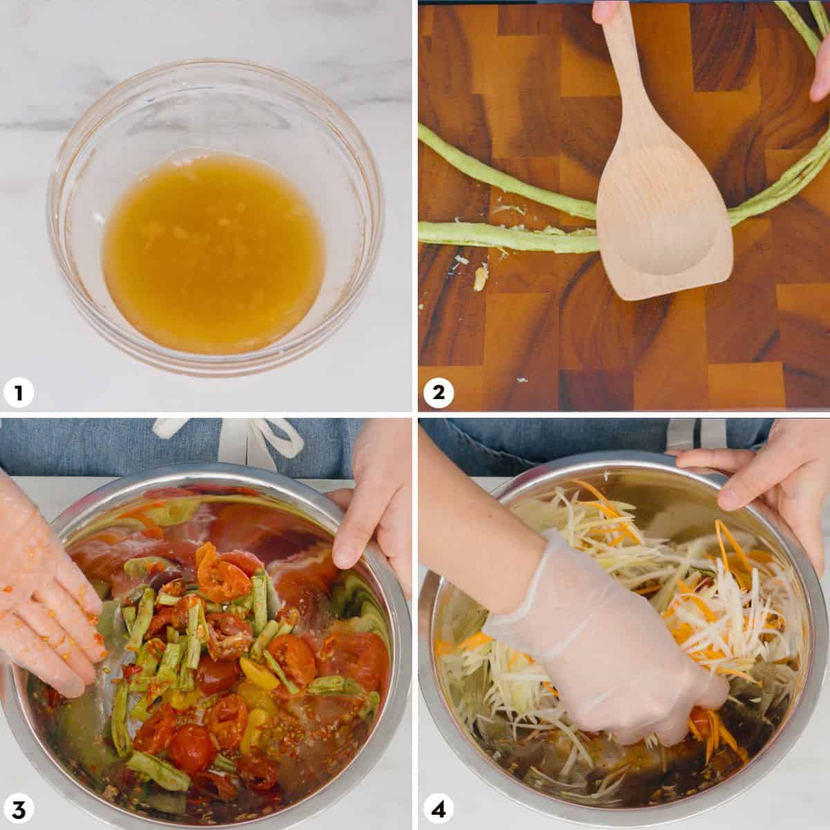 steps for making a papaya salad without a mortar and pestle.