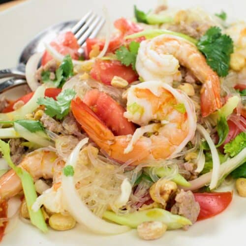 a plate of glass noodle salad with shrimp on top