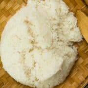 sticky rice on bamboo tray