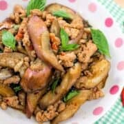 a plate of thai eggplant stir-fry with thai basil