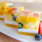 This beautiful, no bake dessert is light, healthy filled with fresh fruit—perfect for the summer. Agar jelly is also vegan friendly! #vegan #dessert #nobake #healthy #fruit #agar #jelly