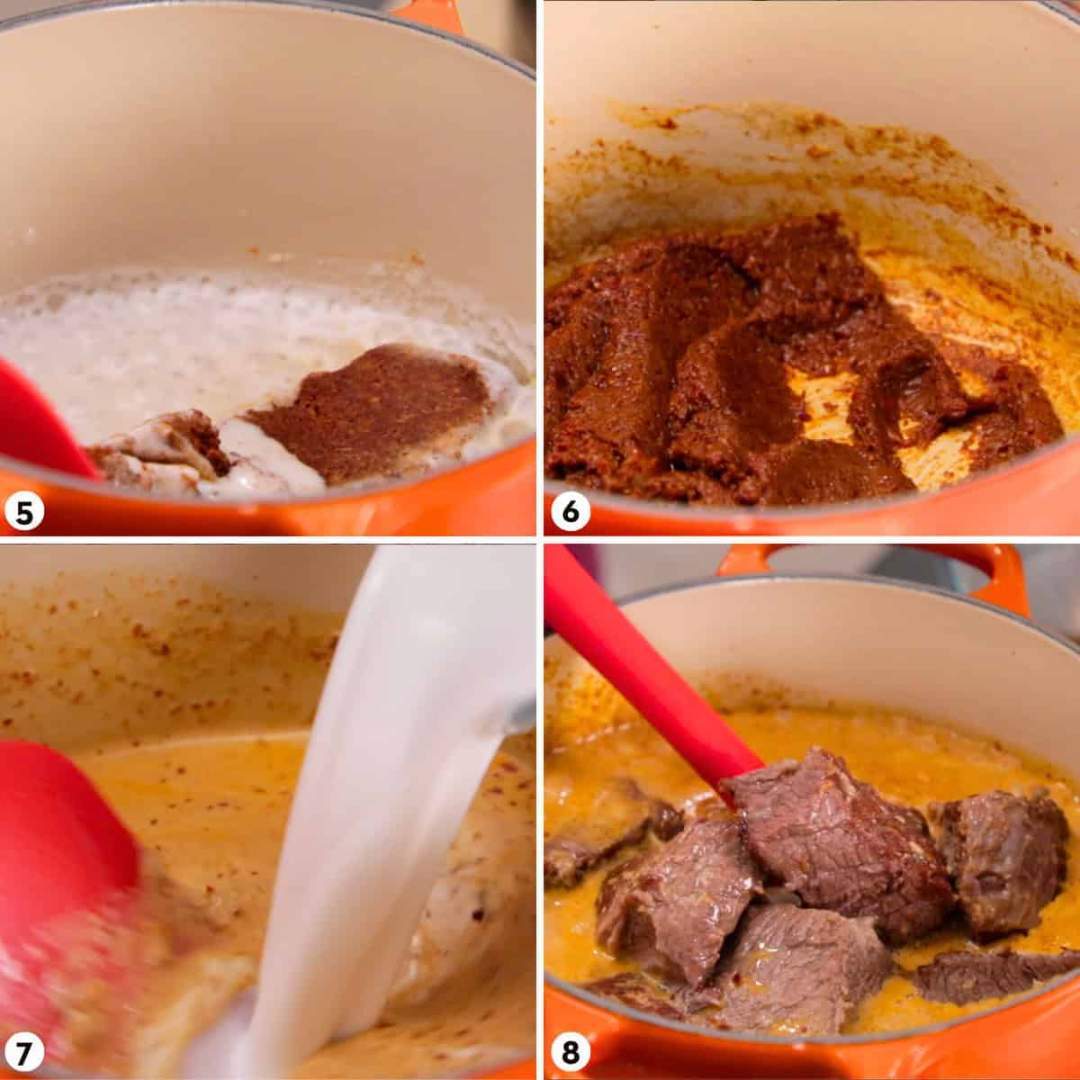 Process shots for making massaman beef curry steps 5-8