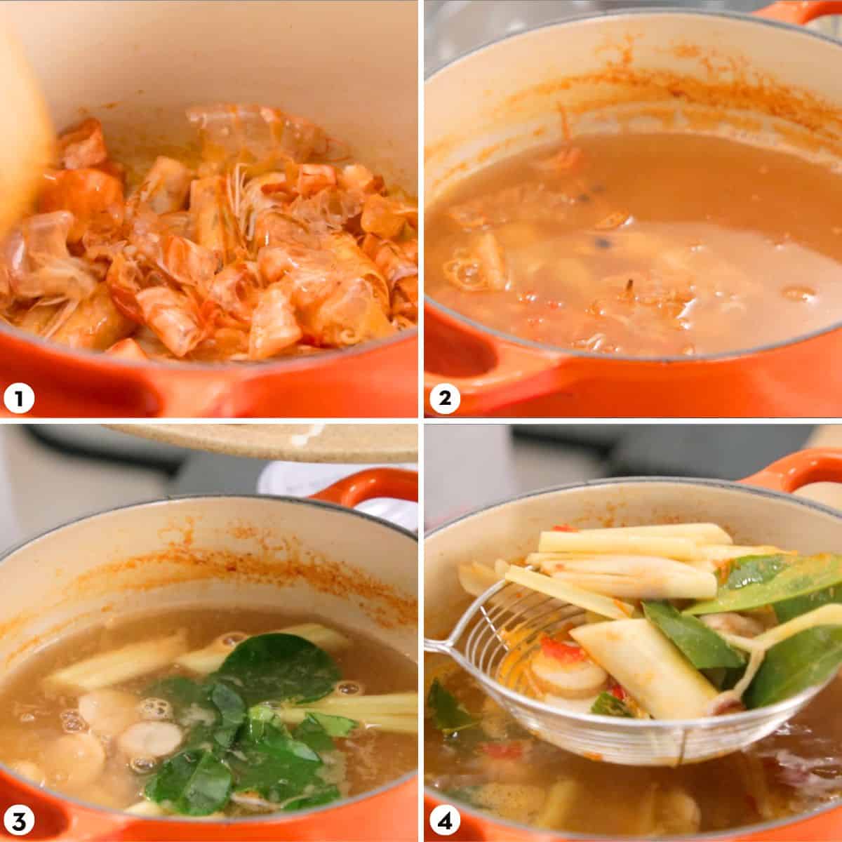 process shots for making creamy tom yum soup steps 1-4