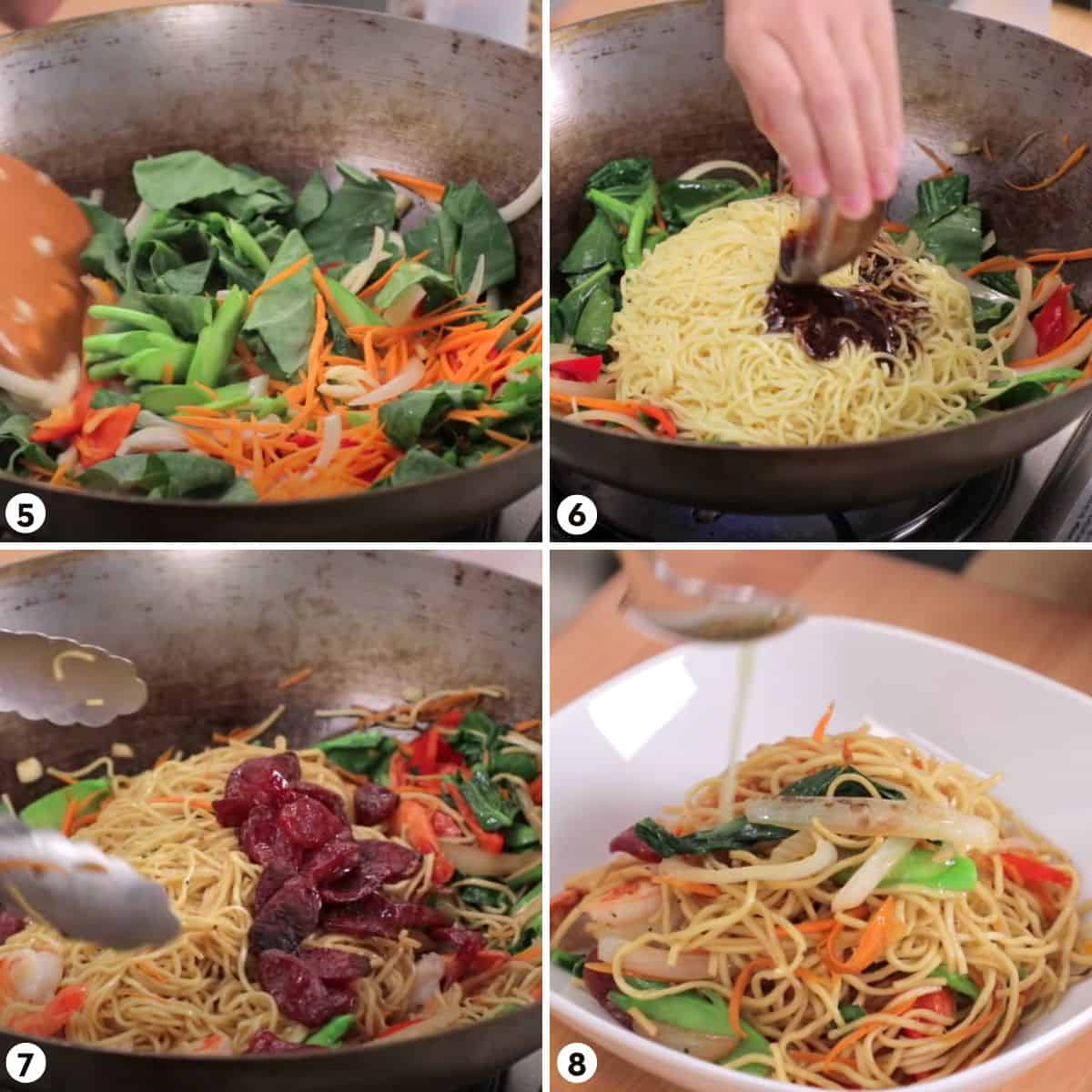 Process shots for making pancit canton, steps 5-8