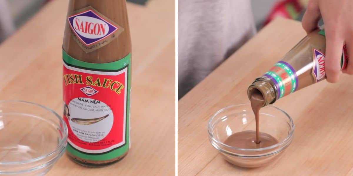 Left: a bottle of mam nem fish sauce. Right: mam nem fish sauce being poured into a bowl