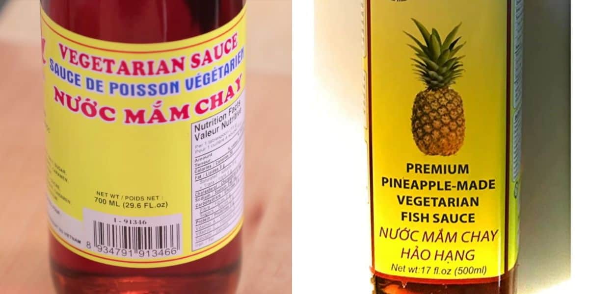 Left: Vegetarian fish sauce label. Right: Pineapple made vegetarian fish sauce label