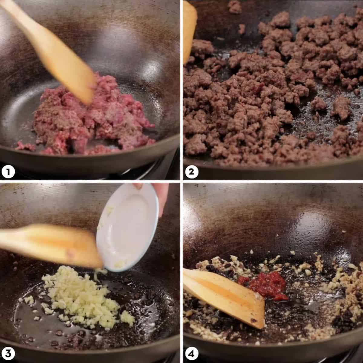 Process shots for making mapo tofu, steps 1-4
