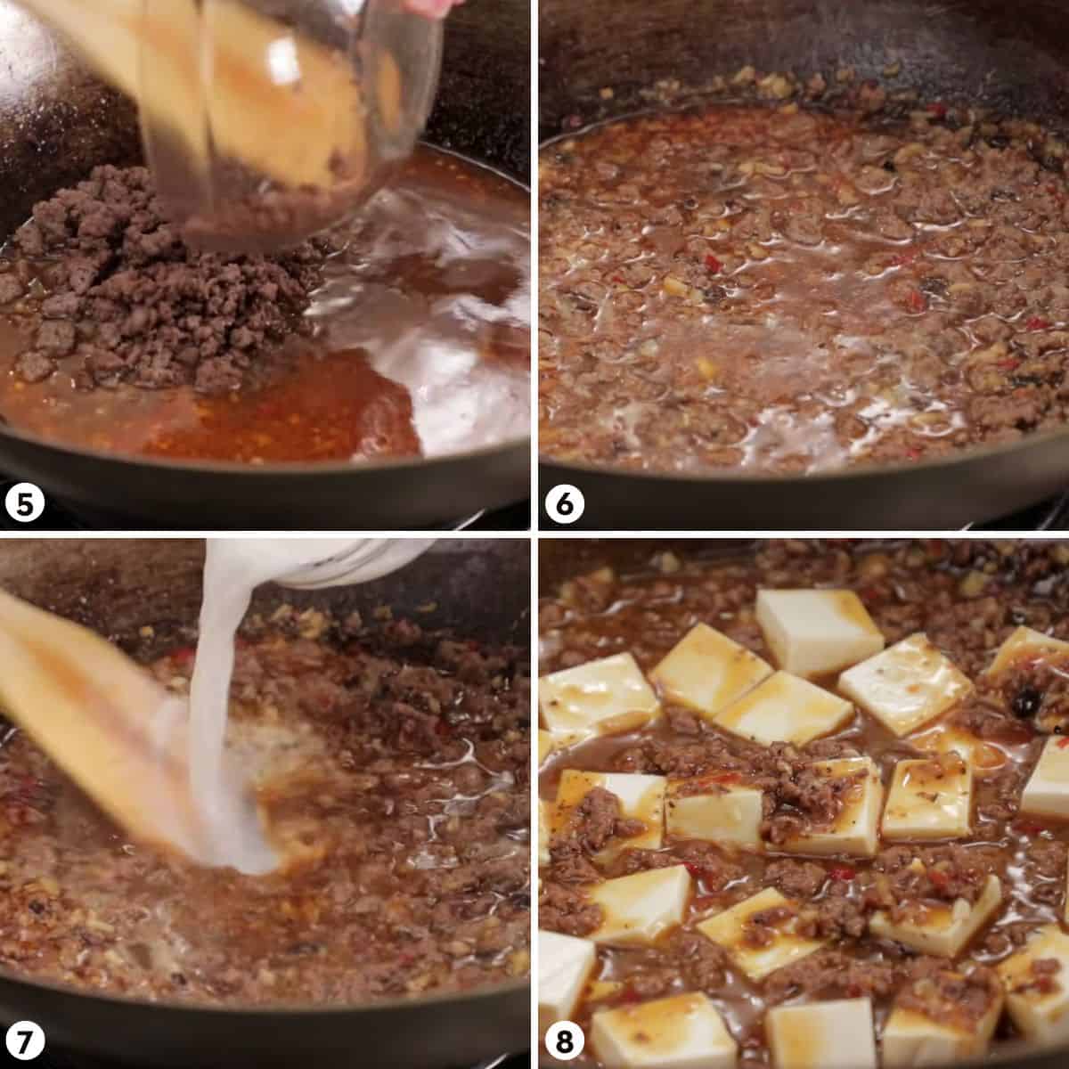 Process shots for making mapo tofu, steps 1-4