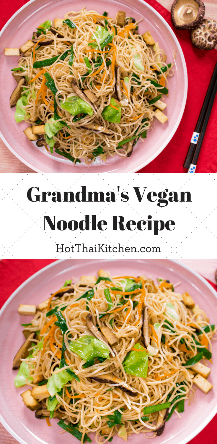 Recipe & video for an easy, classic Chinese noodle stir-fry! This vegan dish is my grandmother's signature dish. Lots of cabbage, mushrooms, tofu, and all sorts of yum. #vegetarian #vegan #noodles #stirfry #easyrecipe