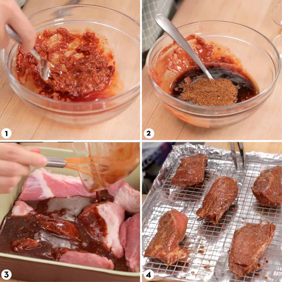 process shots for making char siu, steps 1-4