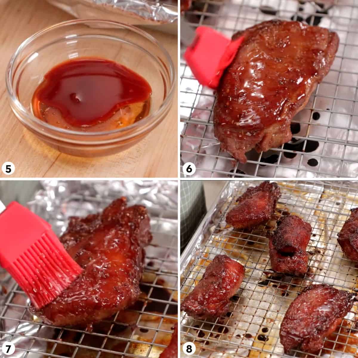 process shots for making char siu, steps 5-8