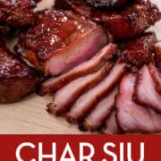 Picture of sliced char siu with text overlay "Char Siu easy chinese bbq pork" and "hotthaikitchen.com"