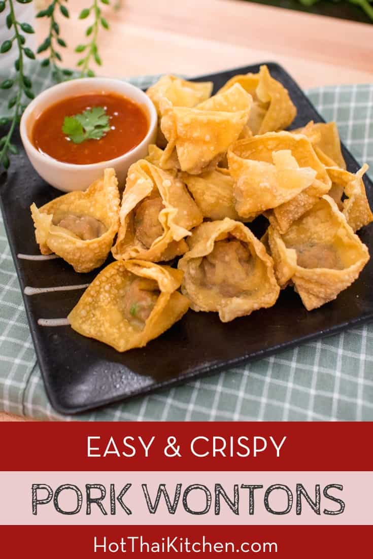 This Thai fried pork wonton recipe is a perfect make ahead appetizer: wrap them, fridge them, and fry when ready to eat! #wontons #pork #appetizer #fried #crispy #partyfood