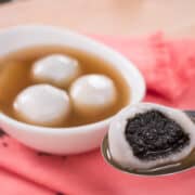 A classic dessert in Chinese and Thai cuisines. A sweet, nutty black sesame filling enrobed by a mochi-like chewy, soft dough, steeped in soothing ginger tea. It’s the perfect no-bake dessert for the winter! #dessert #chinese #glutenfree #vegan #nobake #asiandessert