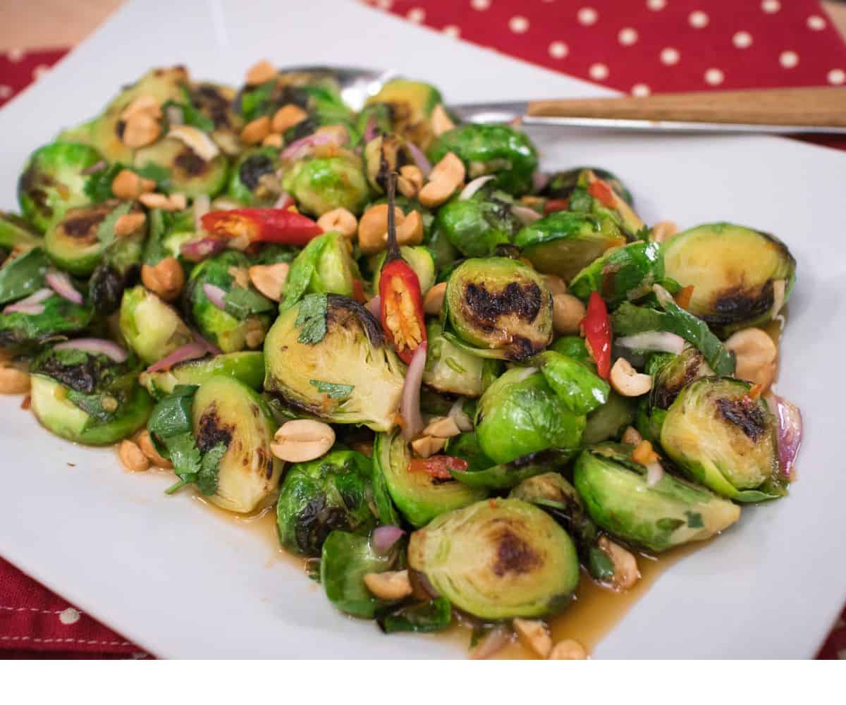 a plate of thai style brussel sprouts