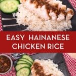 Easy Hainanese Chicken Rice. The traditional method is a bit of a project, but this recipe turns it into a quick weeknight meal! Tender chicken is cooked with ginger and garlic-infused rice, and topped with a delicious dipping sauce unique to the Thai version of this dish. #hainanesechickenrice #chickendinner #easymeal #thaifood #hotthaikitchen