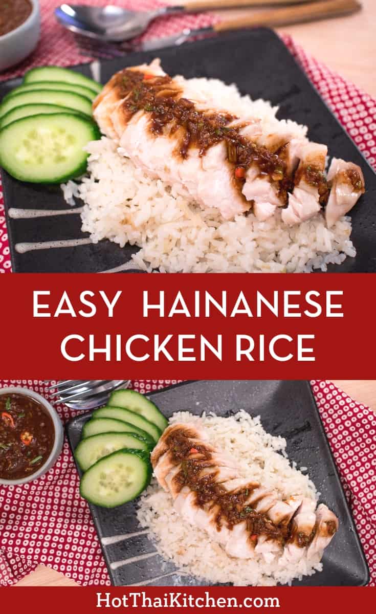 Easy Hainanese Chicken Rice. The traditional method is a bit of a project, but this recipe turns it into a quick weeknight meal! Tender chicken is cooked with ginger and garlic-infused rice, and topped with a delicious dipping sauce unique to the Thai version of this dish. #hainanesechickenrice #chickendinner #easymeal #thaifood #hotthaikitchen