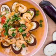 Roasted eggplant with garlicky shrimp sauce uses only a few ingredients and can be cooked in 20 mins! The perfect weeknight healthy dinner! #eggplant #thaifood #japaneseeggplant #shrimprecipe #stir-fry