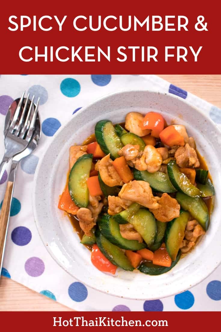Why only put cucumber in salads and sandwiches when it’s such a versatile vegetable that can be cooked in many ways! Start with this super quick and delicious recipe spicy cucumber and chicken stir fry. It’s a healthy, weeknight friendly meal that’s full of flavour. You’ll never have to throw away any cucumber leftover in the fridge again! #cucumberrecipe #thaifood #hotthaikitchen #asianstirfry #healthymeal