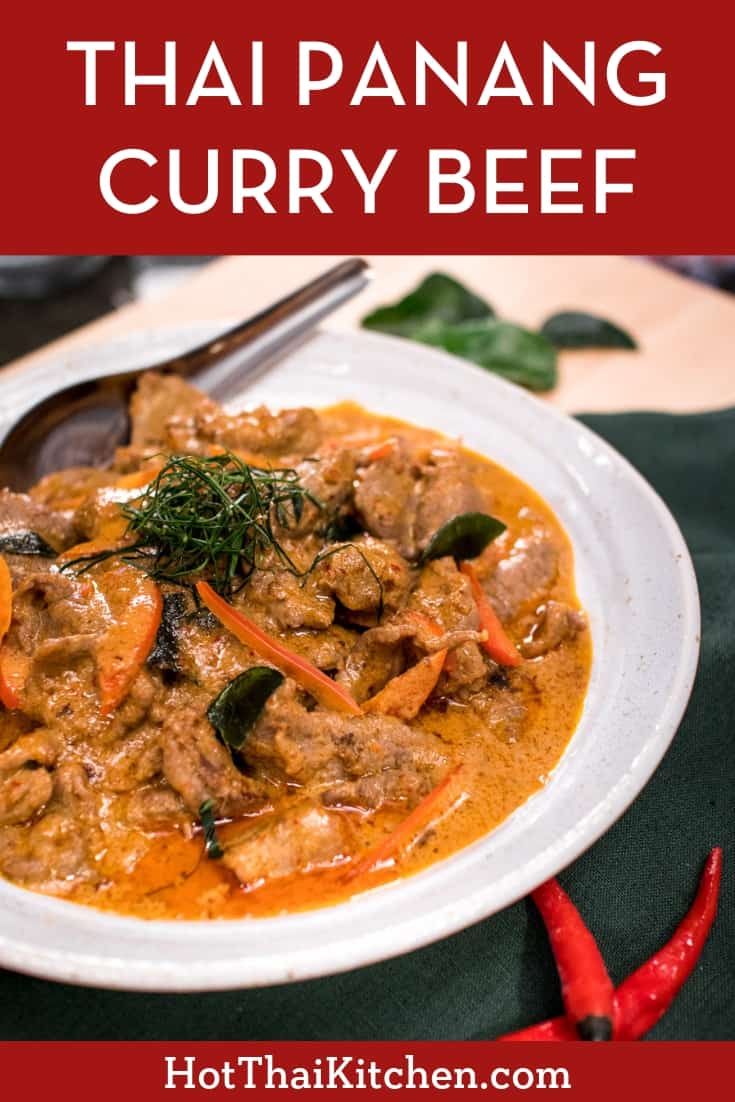 Panang is a popular classic Thai curry with a rich and luscious peanut sauce over tender beef that is super quick to make. I also share how to make semi-homemade panang curry paste using store-bought red curry paste as a base. An easy, delicious, gluten-free weeknight meal! #panangcurry #thaicurry #hotthaikitchen #Thairecipe #beefcurry