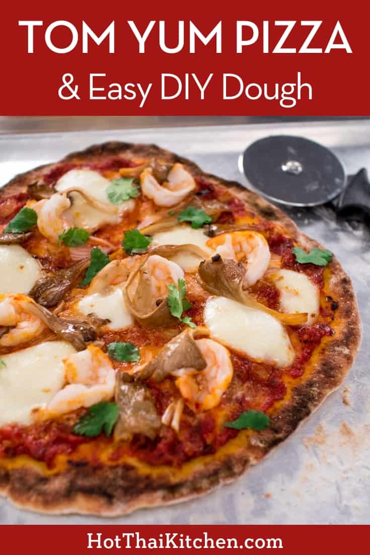 Add some Thai flavours to your pizza with this Tom Yum Pizza recipe. Tart, bold flavours of lemongrass and lime, on an easy, flavourful homemade dough. And it only takes 5 minutes to cook this pizza! #hotthaikitchen #thaipizza #homemadepizza #tomyum