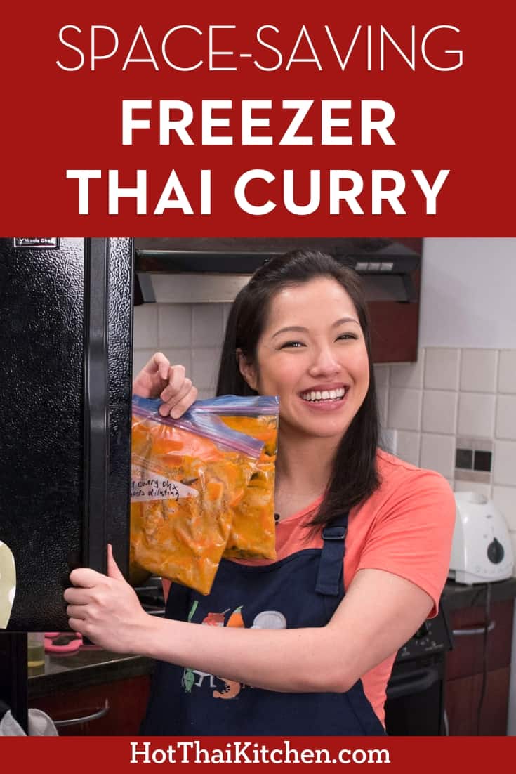 Tricks & tips for making a Thai curry for the freezer so that it will reheat well AND saves you some freezer space. Try it and I promise you wouldn’t know it was ever frozen! #freezermeal #freezercurry #thaifood #hotthaikitchen